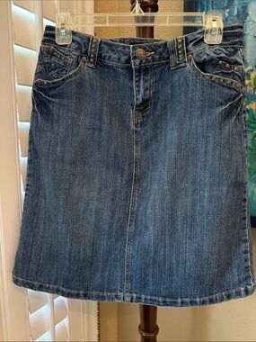 Dark Blue Denim A-Line Skirt with Stud Accents